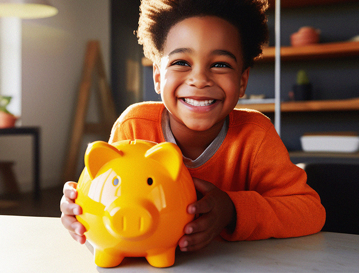 child excited with piggy bank